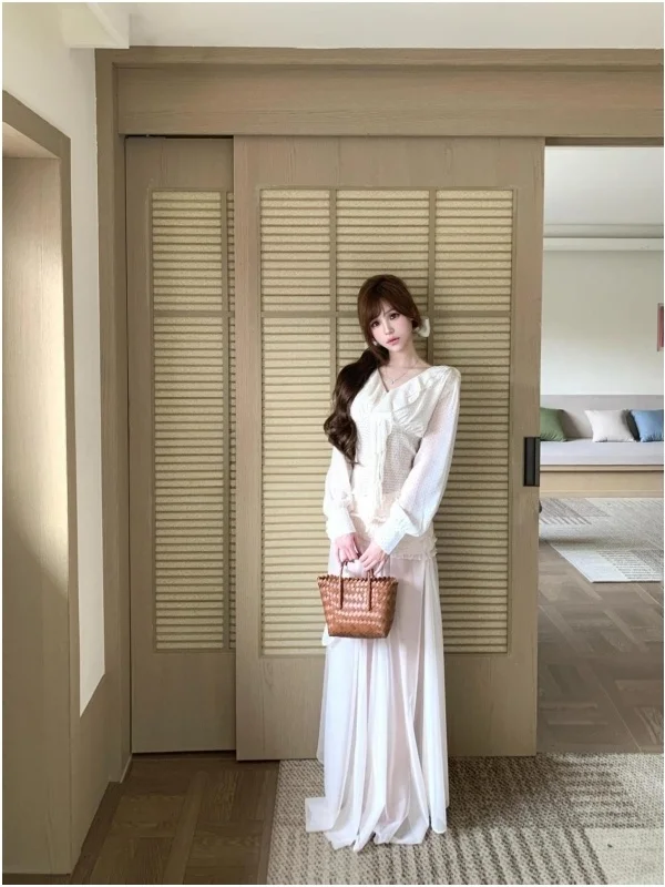

Summer Sweet Gentle Atmosphere Uneven Hem Polka Dot V-neck Top High Waist Long Skirt Two-piece Set Women's Fashion Ensemble