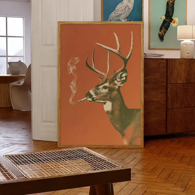 Buck Smoking Vintage Art Poster Funny Whitetail Deer Whimsical Room Bedroom Wall Decor Canvas Painting Outdoor Wall Art