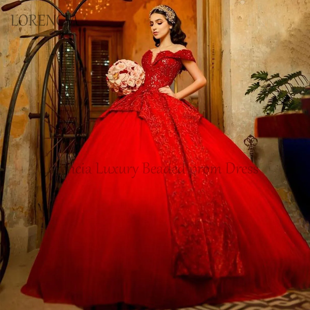 Red 2024 Formal Quinceanera Dress Gold Lace Applique Open Back Beading With Cape Mexican Corset Sweet 16 Vestidos De 15 Años