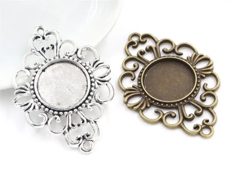 10pcs 18mm Inner Size Antique Bronze Antique Silver Plated Flower Connection Style Cabochon Base Cameo Setting Charms Pendant