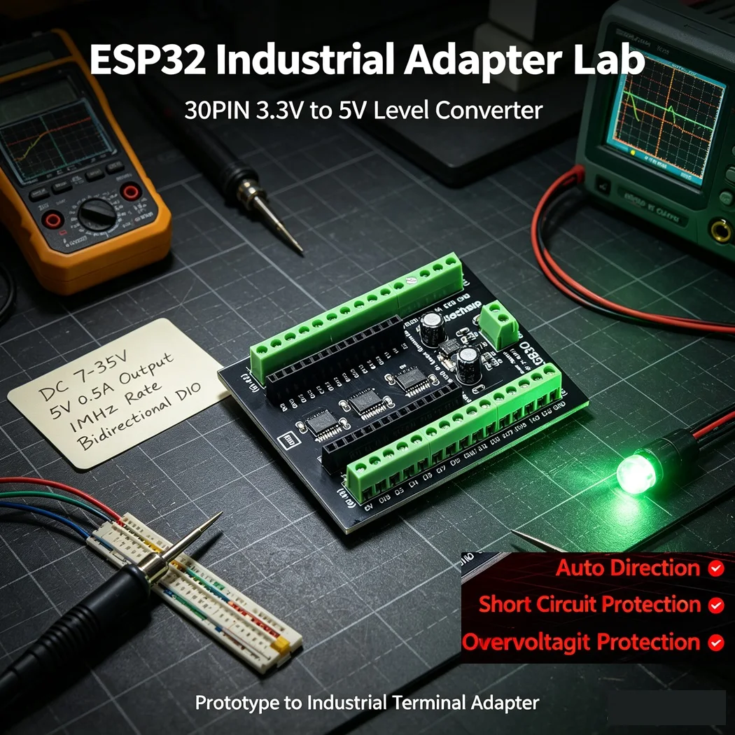 30PIN ESP32 3.3V to 5V Bidirectional Level Converter DIN Rail Terminal Adapter DC7-35V 1MHz IO Expansion Board