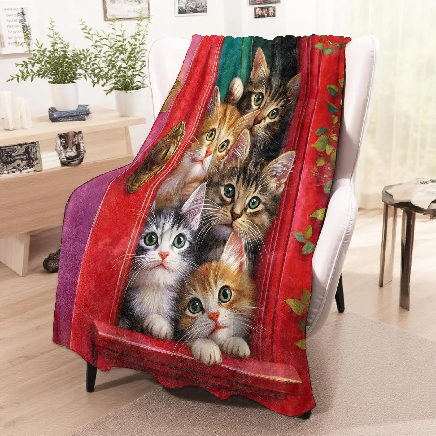 Five Kittens Peeking Red Door Window Flannel Throw Blanket Soft Warm Cover For Sofa Bedroom Pet Room Lovely Cat Decor Gift