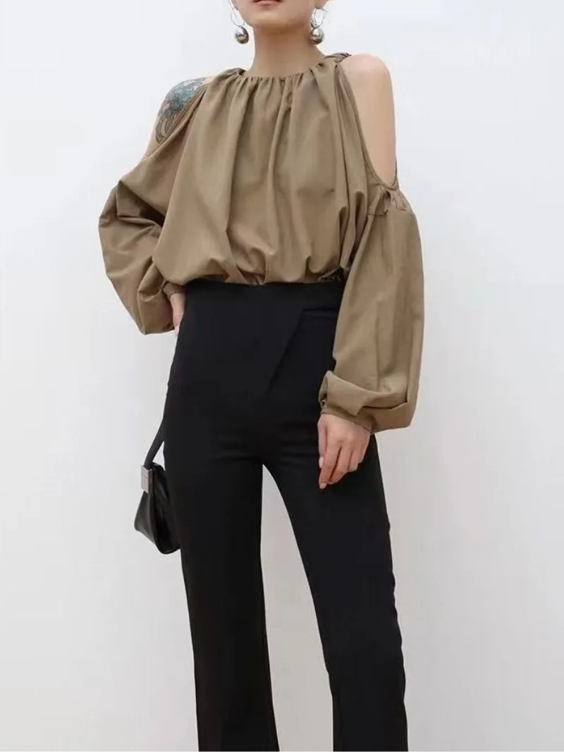 

French Khaki Off-the-Shoulder Shirt Fashion Temperament Women's Cleanfit Polypropylene Long Sleeve round Neck Thin Shirt