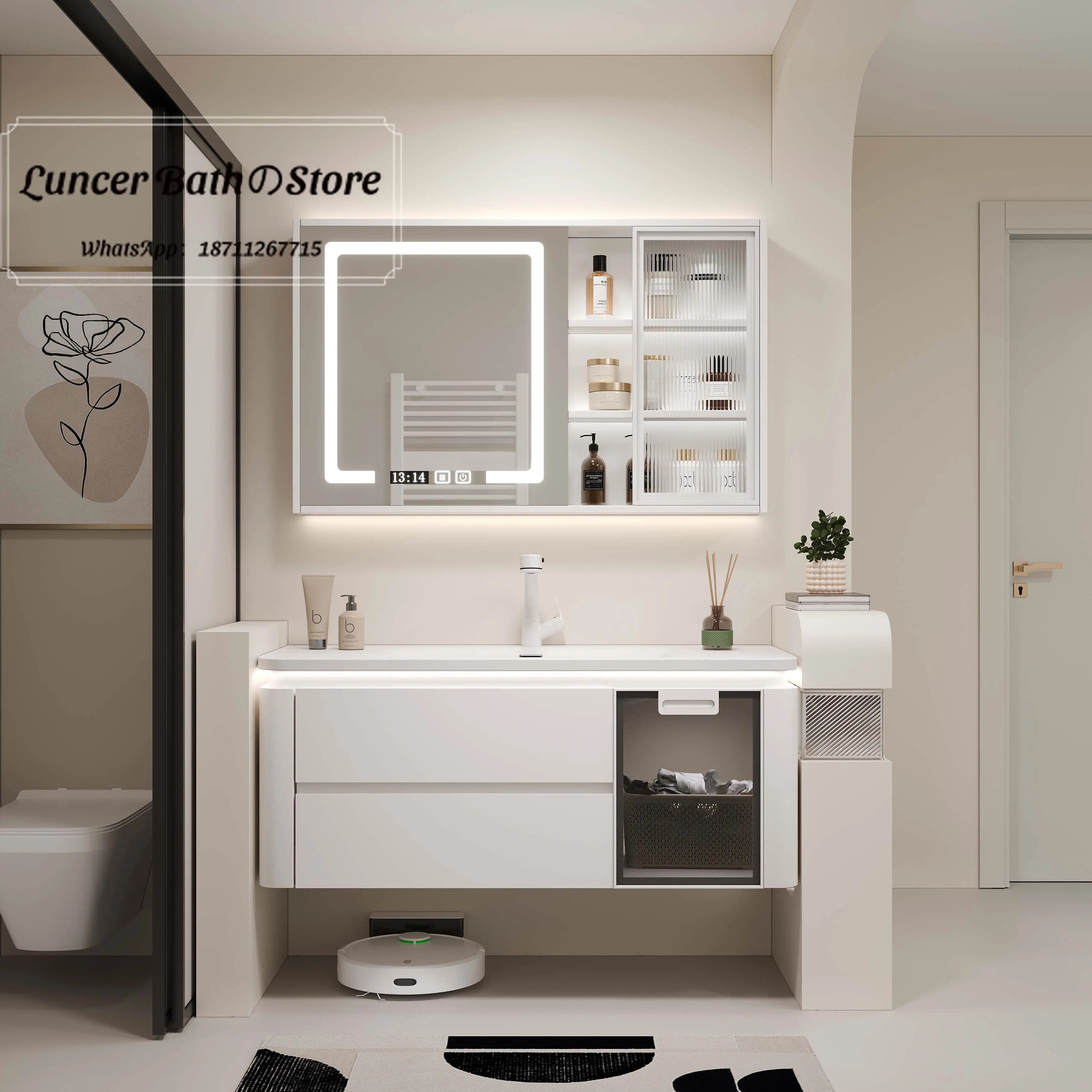 Cream Style Round Corner Ceramic Integrated Vanity Set Modern Soft Touch Bathroom Cabinet Combo Household Hand Washing Wash Sink