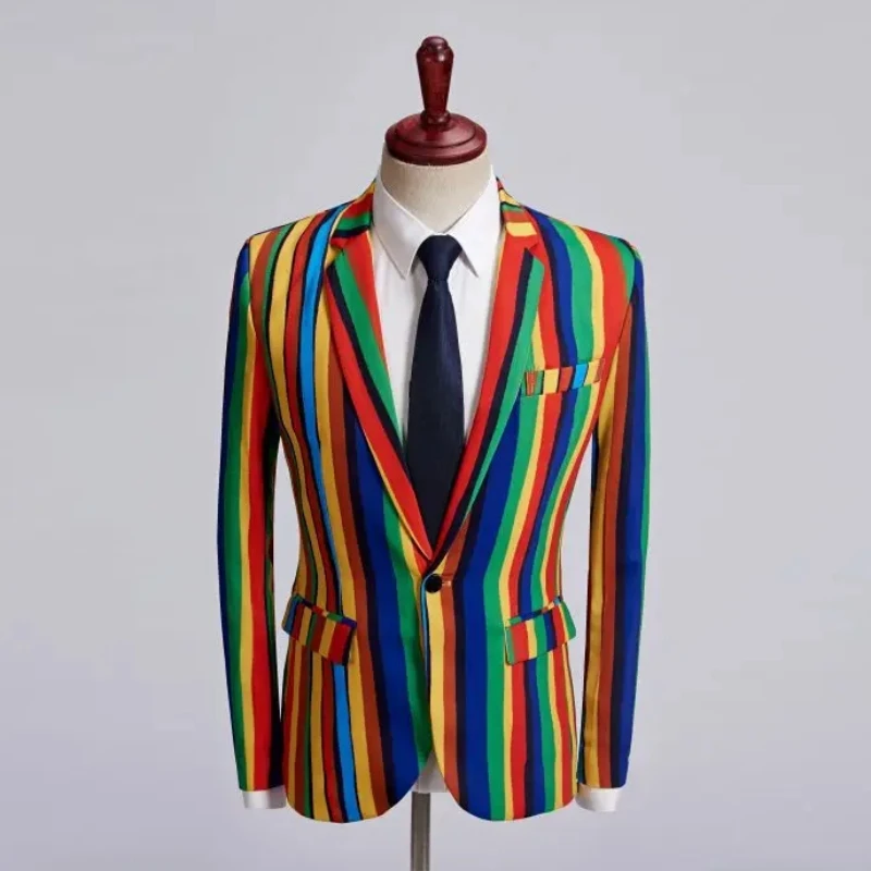 England Style Men's Formal Suit Coat Colorful Stripe Fashion Slim Blazers Male Singer Host Star Evening Party Show Stage Costume