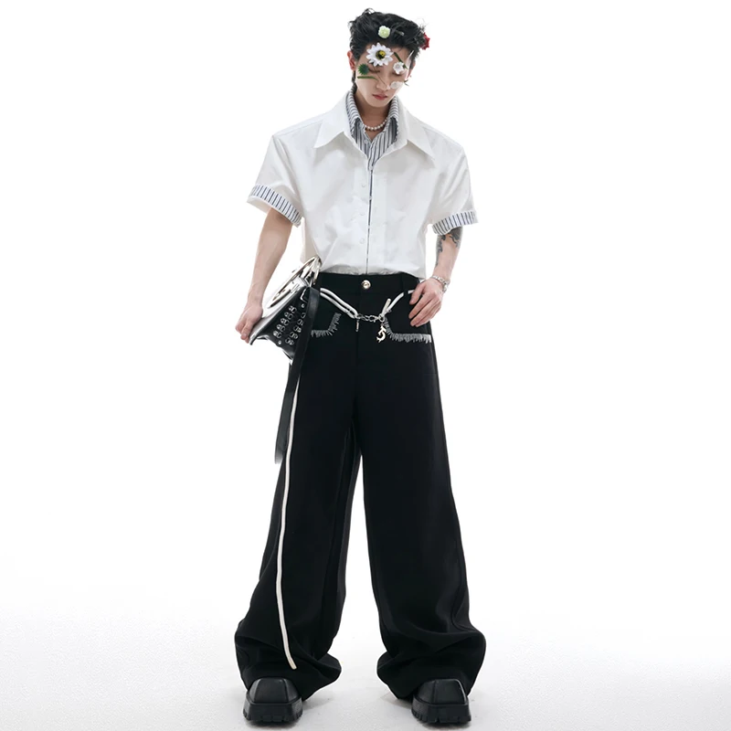 LUZHEN Personalized Original Fake Two Piece Design Short Sleeve Shirts Stripe Printed Splicing Shoulder Pad Luxury Tops JY1696