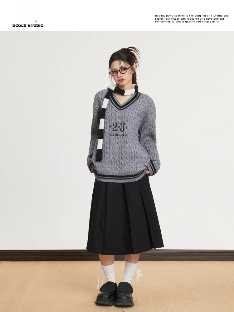 

Soft Cozy Lazy Vintage College Sle Knitted V-Ne Sweater Women's Top Twist Yarn Long Sve Autumn Winter New Arrival