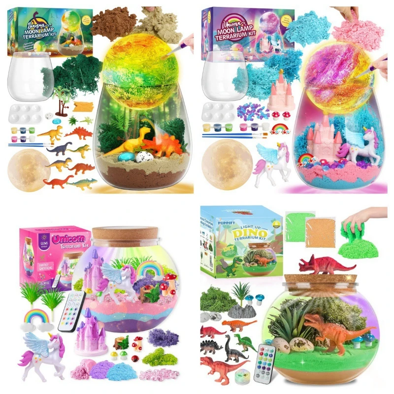 DIY Glowing Glass Bottle Cartoon Unicorn Dinosaur Night Light Landscape Bottle LED Exquisite Educational Craft Container Decor