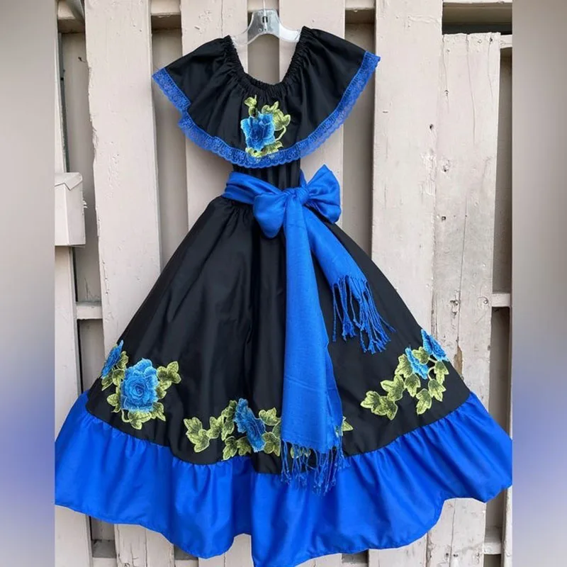 

Blue Pageant Party Dresses Embroidery Lace Flower Girls Dresses Kids Prom Party Gowns for Wedding Guest Customized