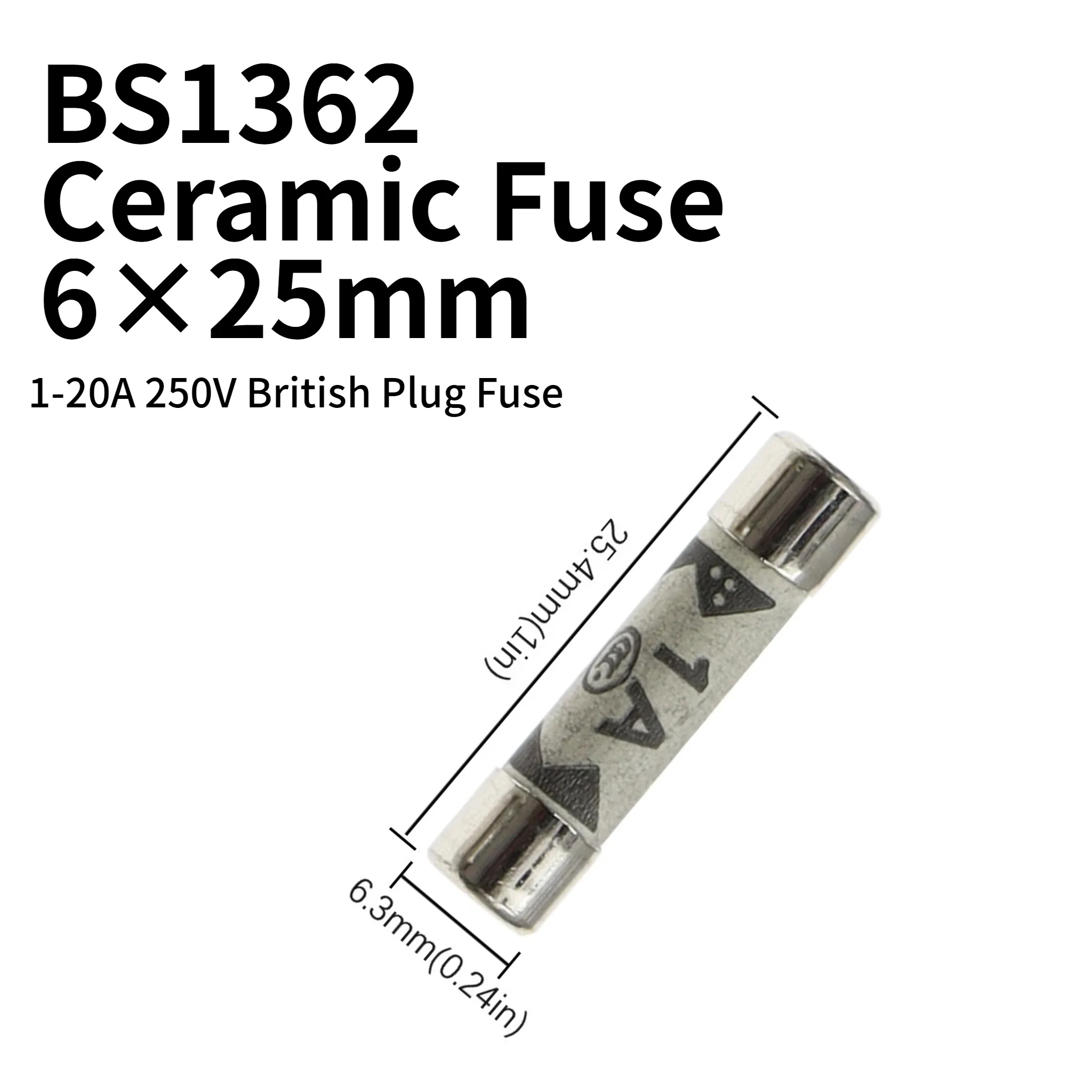 1BS1362 Ceramic Fuse 6x25mm British Plug Cartridge Fuse 250V 1A 2A 3A 5A 7A 10A 13A 15A 20A Sand‑filled Anti‑explosion Fuse Tube