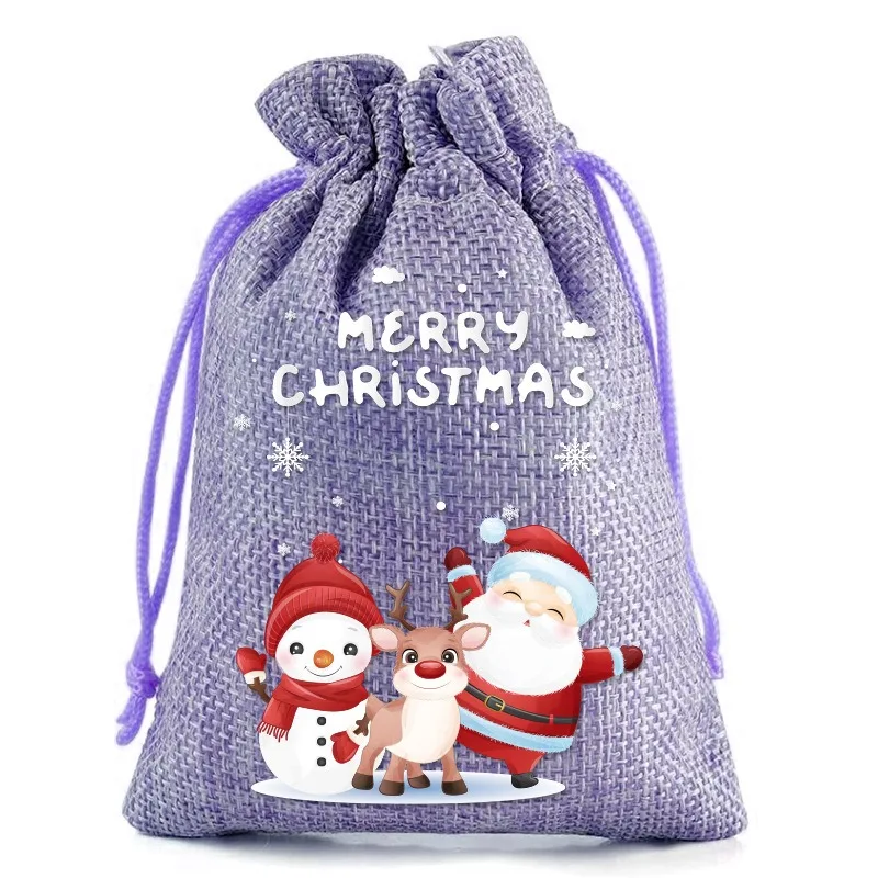 1PC Christmas Linen Drawstring Bags Candy Biscuits Pouchs Burlap Bracelet Jewelry Storage Bags Xmas Gift Packaging Bags