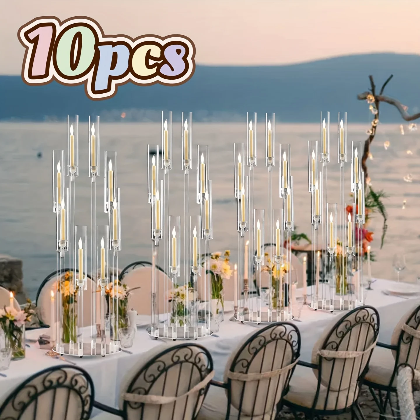 10-Piece Clear Acrylic 8-Arm Candelabra Set – Sleek Modern Table Centerpiece for Holiday & Celebration Decor | Polished Finish, Lightweight Yet Stable Design | Easy Snap-Together Assembly | Suitable for Indoor or Outdoor Use | Versatile for Festive Gather