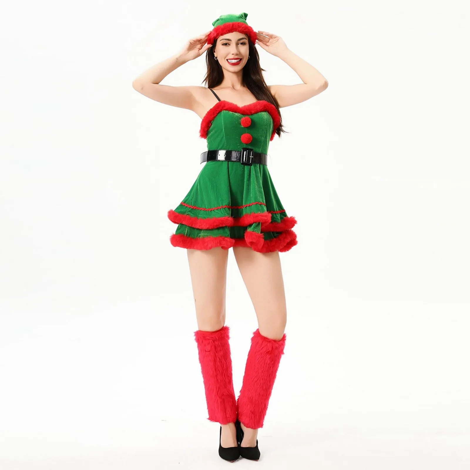 Green Christmas Party Stage Costume New Arrive Christmas Theme Party Warm Velvet Mini Evening Dress Santa Claus Cosplay Clothes