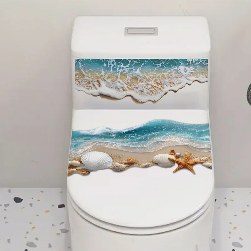 3D Ocean Wave Toilet Sticker - Bathroom Realistic Beach Floor Decal, Waterproof Anti-Slip Removable Bathtub Seashore Decor