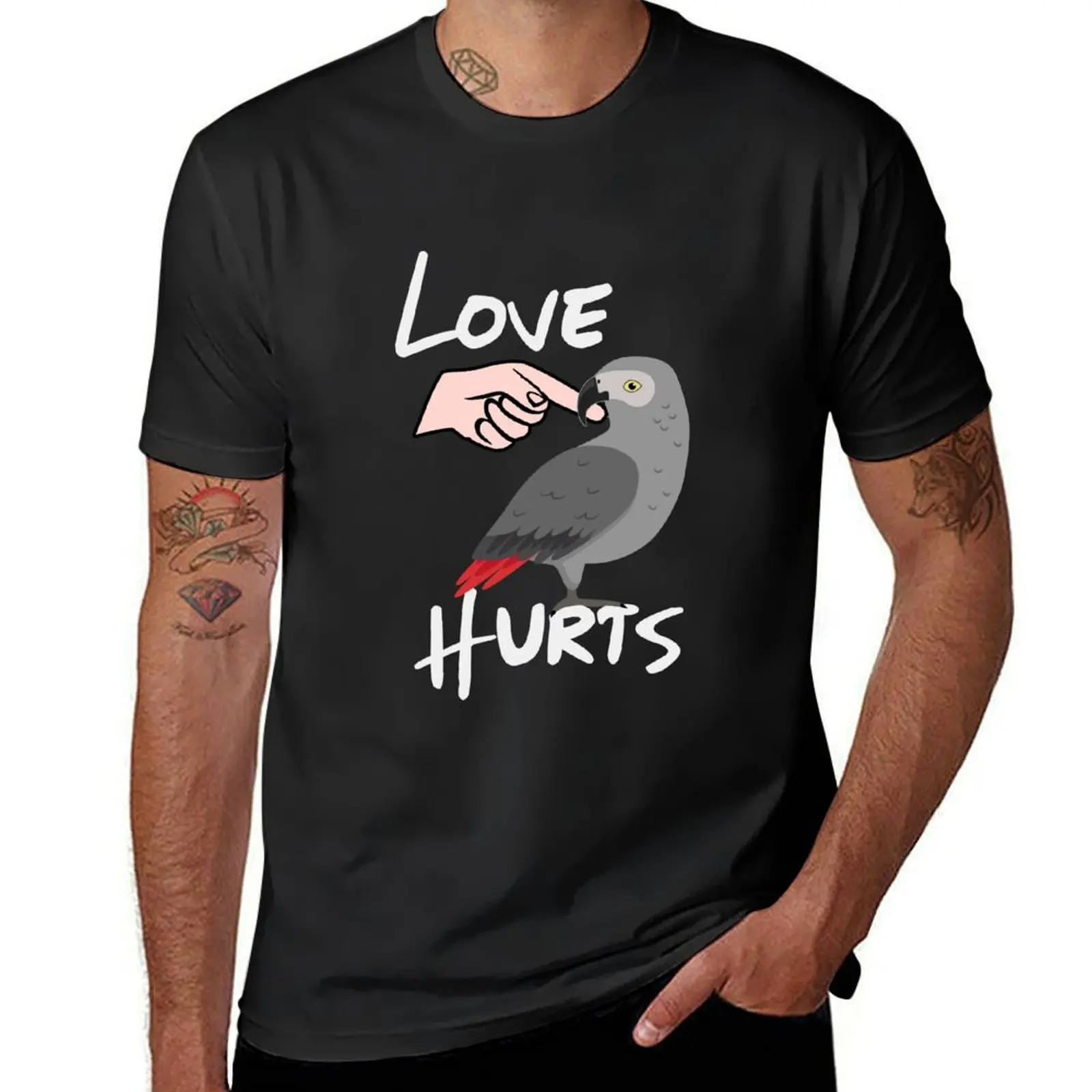 Love Hurts African Grey Parrot graphic for Valentine's Day T-Shirt kawaii clothes quick-drying heavy weight t shirts for men