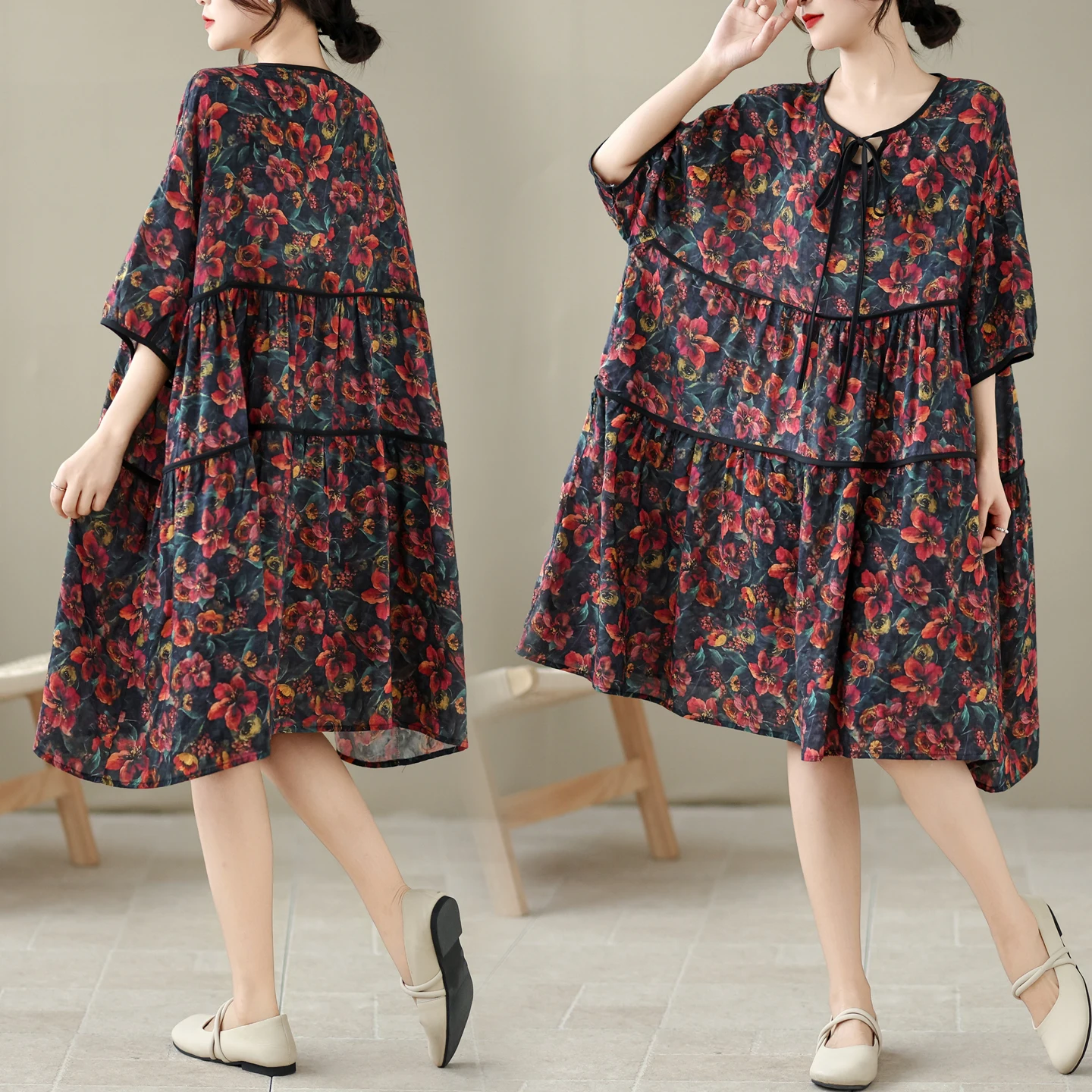 

Новое летнее платье больших размеров из хлопка и льна с принтом, с воротником и завязками, свободного кроя, стройнящее, универсальное, средней длины, из тонкой хлопково-полиэстеровой смеси.