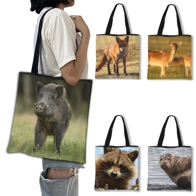 

Wild Boar Deer Fox Print Shopping Bag Women Handbag Casual Tote Bags Large Capacity Shoulder Bags Reusable Shopper Bag Gift