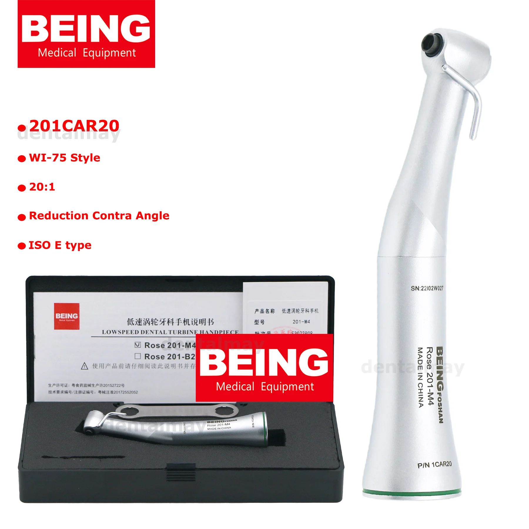 BEING Dental Surgical 20:1 Low Speed Handpiece Implant Contra Angle 201CAR20 Single Spray Fit Surgical Burs