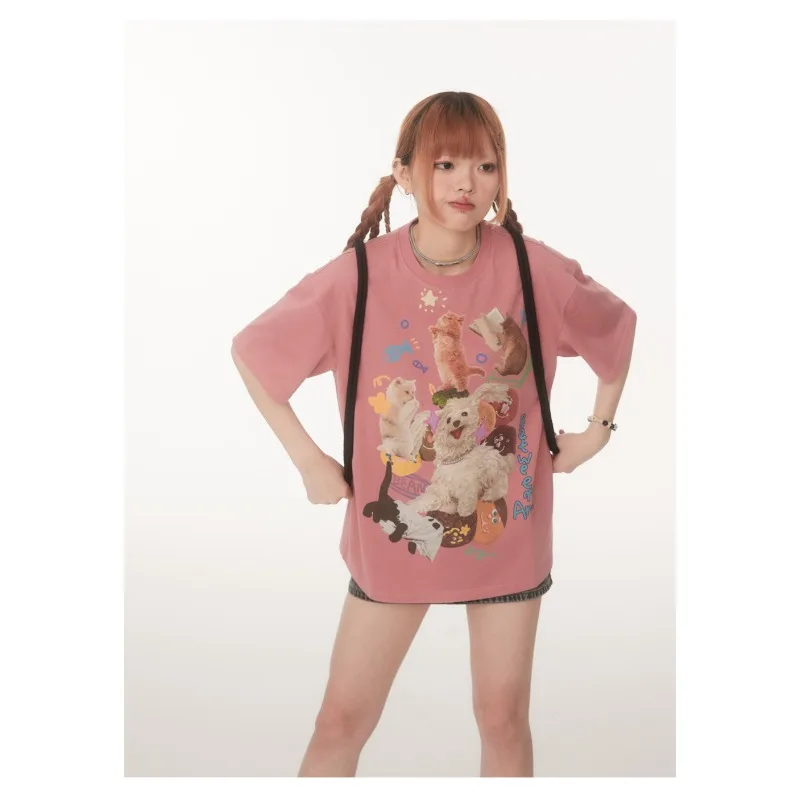 الصيف الدوبامين حية القط والكلب ثلاثية الأبعاد مطبوعة قصيرة الأكمام تي شيرت الإبداعية الجولة الرقبة تنوعا التجفيف السريع الاتجاه العلوي