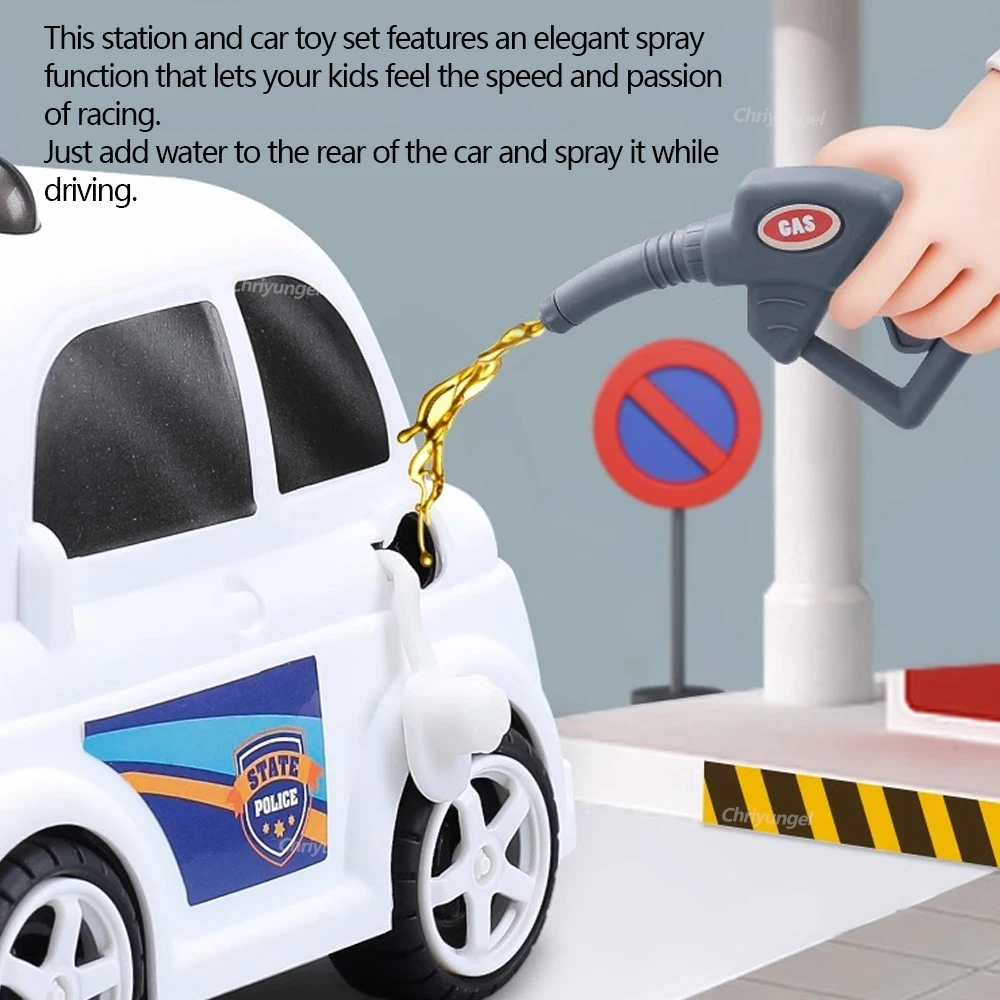 Gas Station Toy for Kids Simulation Gas Pump Toy Model with Spray Car Set Pretend Play Educational Toys Gifts for Boys Girls