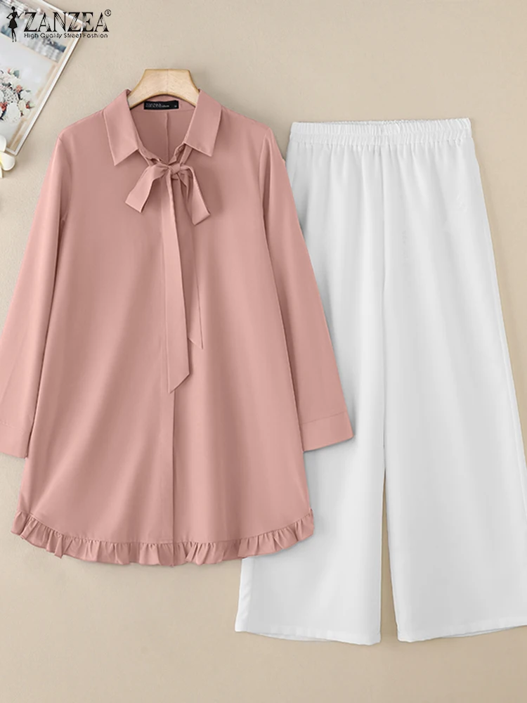

ZANZEA 2PCS Women Pant Sets 2025 Fashion Two-piece Outfits Solid Color Long Sleeve Bow Tie Elegant Tops Casual Long Pants Loose