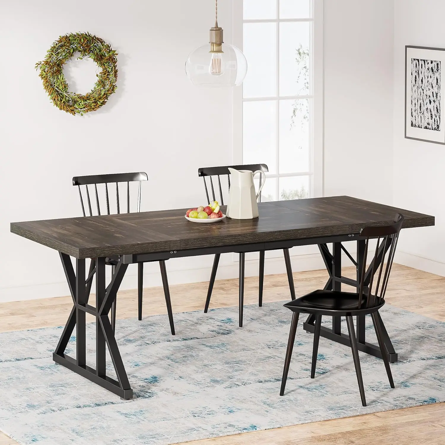 Farmhouse Dining Table for 6 People, 70.8-Inch Rectangular Wood Dining Table, Rustic Kitchen Table with Heavy Duty Me