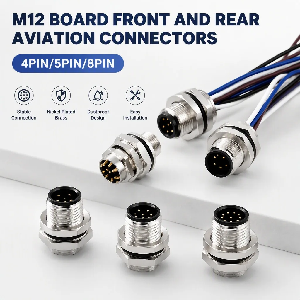 M12 Aviation Connector 4 5 8Pin IP68 Waterproof Male Female Socket Threaded Coupling Front Rear Panel Mount Industrial Connector