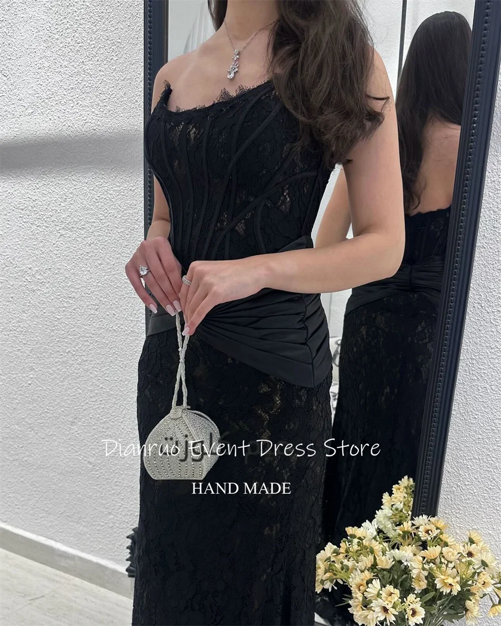 Dianruo 블랙 바닥 길이 이브닝 드레스 레이스 우아한 Vestidos De Novia Appliques 스쿠프 넥 라인 Abiti Da Cerimonia Customized