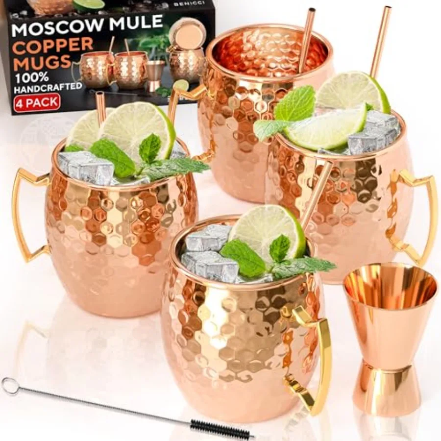 

Медные кружки для Moscow Mule - Набор из 4 штук - 100% РУЧНАЯ РАБОТА - Безопасные для пищевых продуктов кружки из чистой цельной меди - 16 унций - Премиальный подарочный набор на Рождество