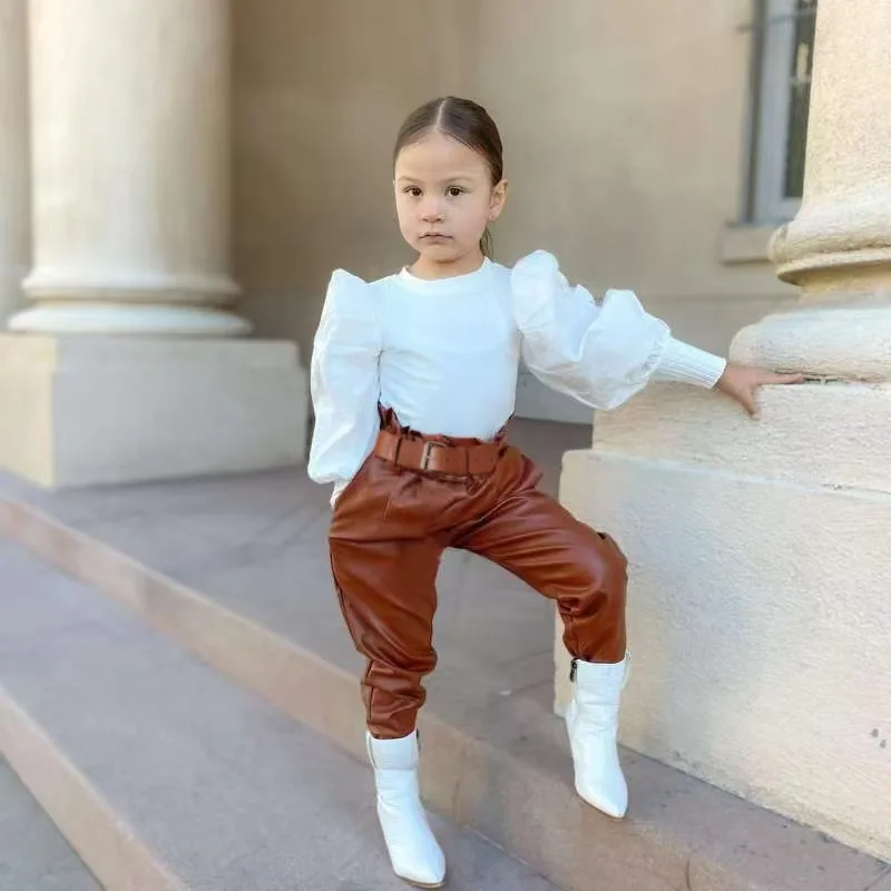 

Kids Girls Clothing Set Long Puff Sleeve Ribbed Blouse Tops+PU Leather Pants with Belt 2pcs For Girls' Clothing Size1-6Years