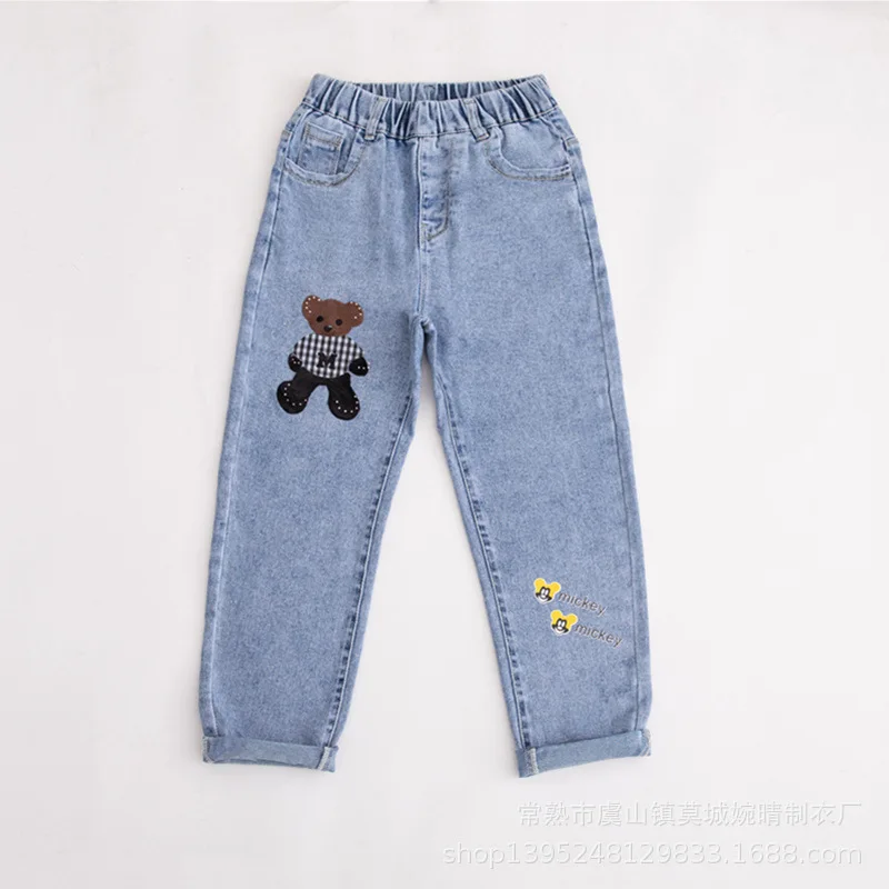 Kids Girl Jeans  Cartoon Long Pants Spring Autumn Graffiti Painting Print Casual Trousers with Hole Children Denim Pants