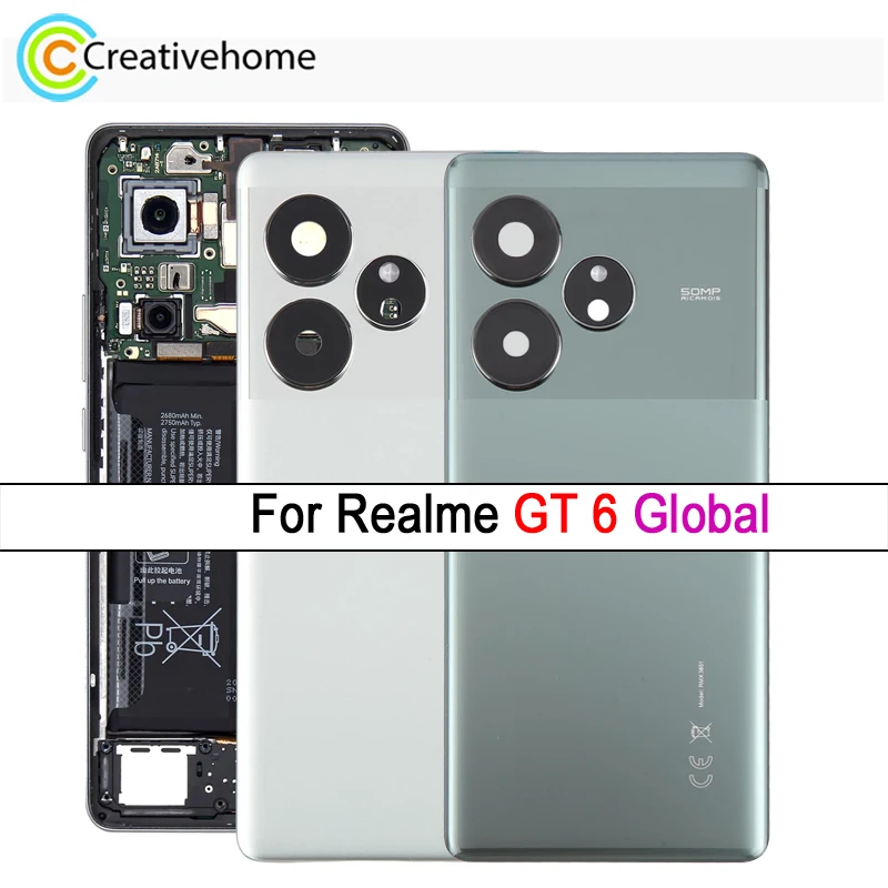 OEM غطاء خلفي للبطارية الزجاجية لهاتف Realme GT 6 Global، RMX3851 غطاء خلفي للهاتف مع غطاء عدسة الكاميرا قطع غيار بديلة #3
