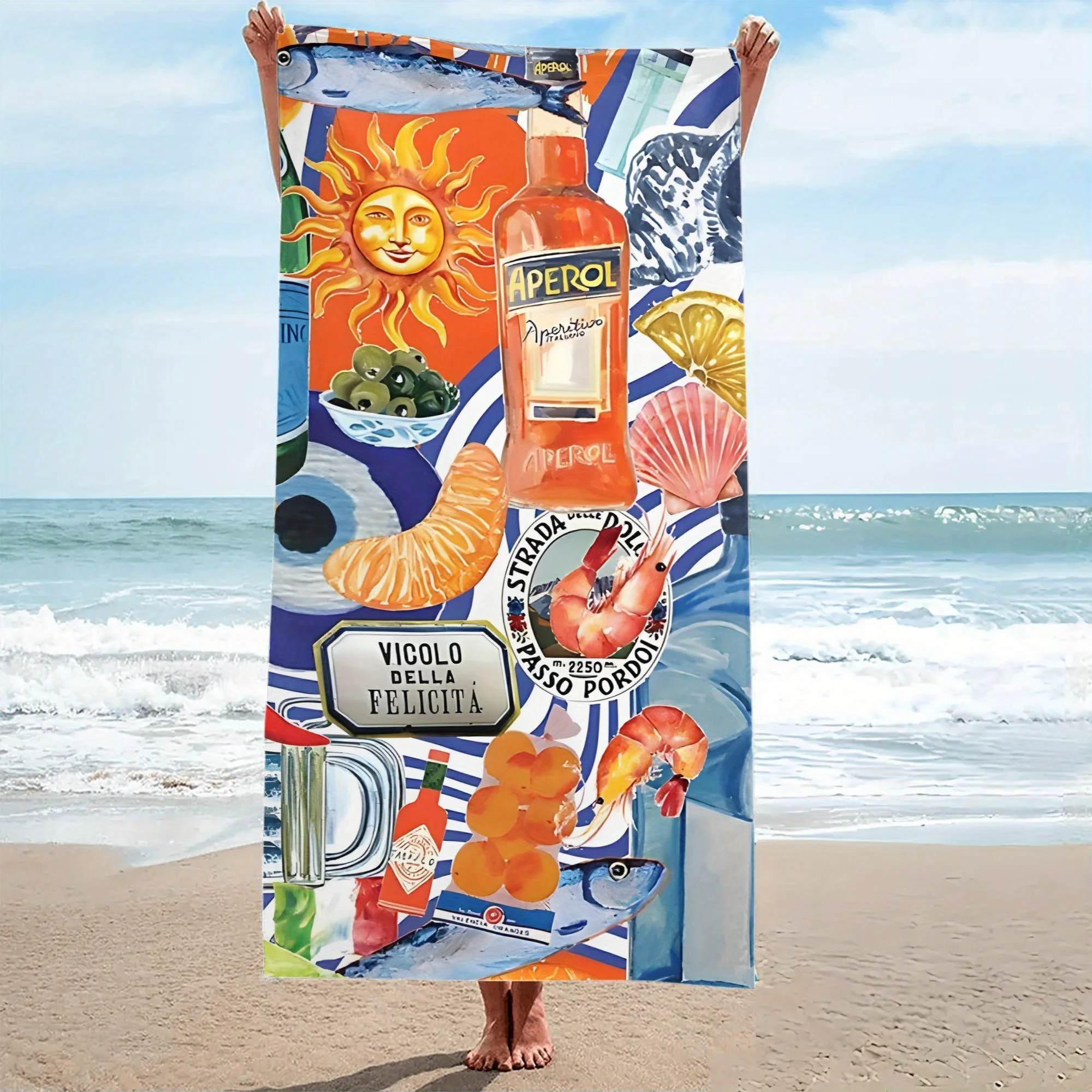 Aperol Collage Beach Towel 31.5x63inch - Sun, Seafood & Italian Aperitif Print, Soft Microfiber Quick Dry for Travel Pool