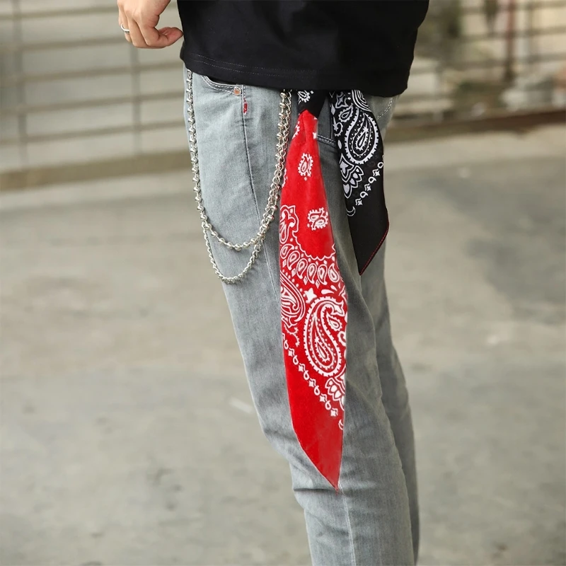 Harajuku Hip Hop Paisley Bandana with Double Layer Waist Metal Wallet Chain Set Boho Contrast Color Square Headscarf Rock