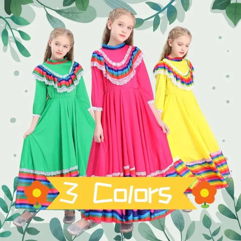 Jalisco Traditional Guadalajara Mexican Folk Child Girls Dancer Costume Halloween Carnival Costumes For Kids 3 Colors Available