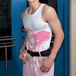 Mens Elastic Tight Y2k Graffiti Cotton Blend Vest Pink Genderless Nightclub Sexy Simple Breathable Fashion Couple Vest Unisex