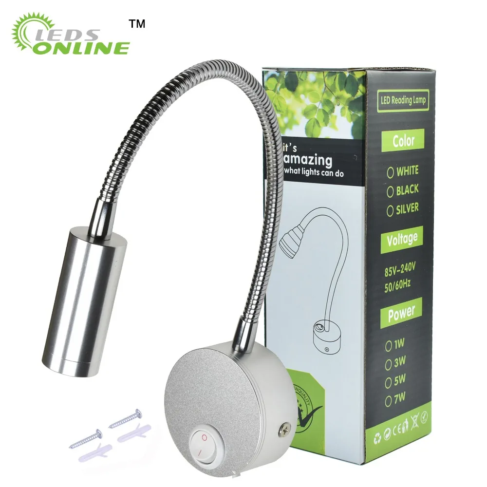 Lámparas de pared LED con interruptor UE EE. UU. Enchufe 3W Lámpara de noche de dormitorio de lectura moderna Negro Plata Flexible