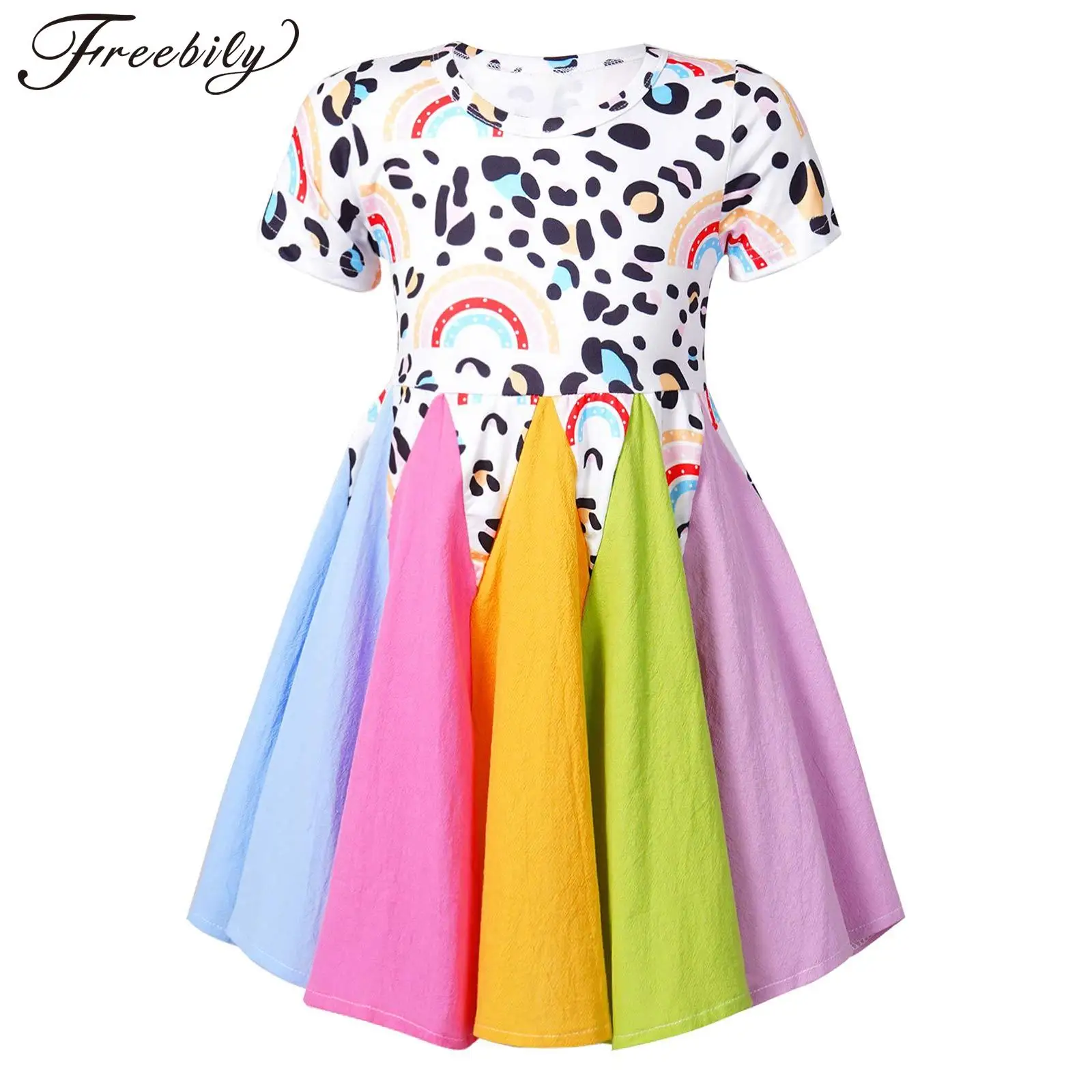 

Kids Girls Colorful Dress Short Sleeve Round Neck Knee Length Cartoon Heart Print Dress Child Daily Outing Casual Wear