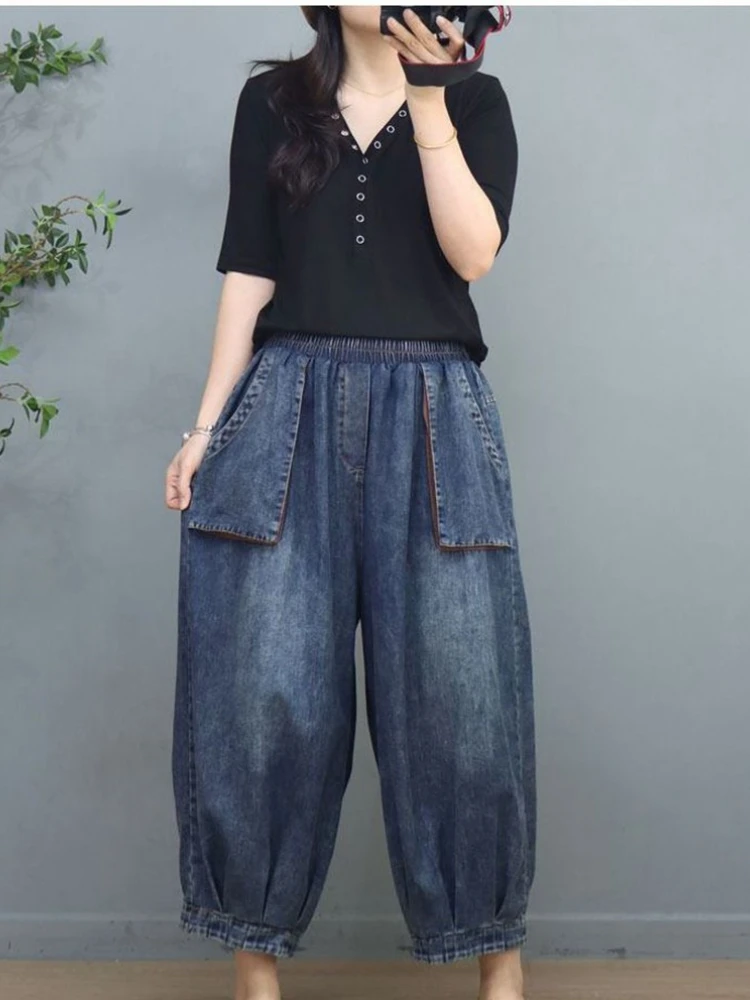 Three dimensional pocket denim lantern pants women spring new retro casual loose elastic waist wide leg nine cropped pants