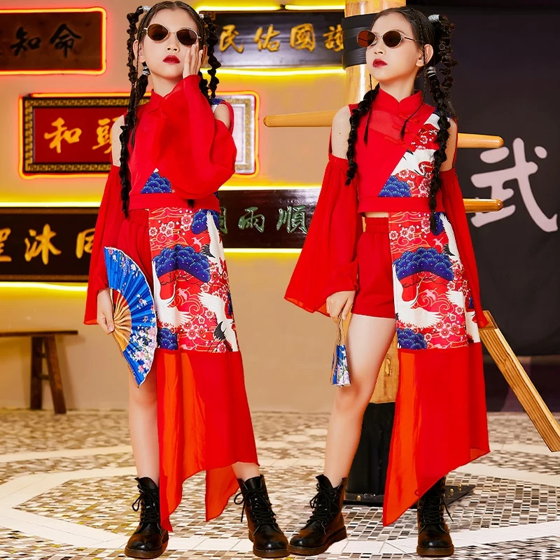 2024 Children Clothing Chinese Style Red Outfits Jazz Modern Dance Performance Show Stage Costumes Girls Hip Hop Wear DQS15411