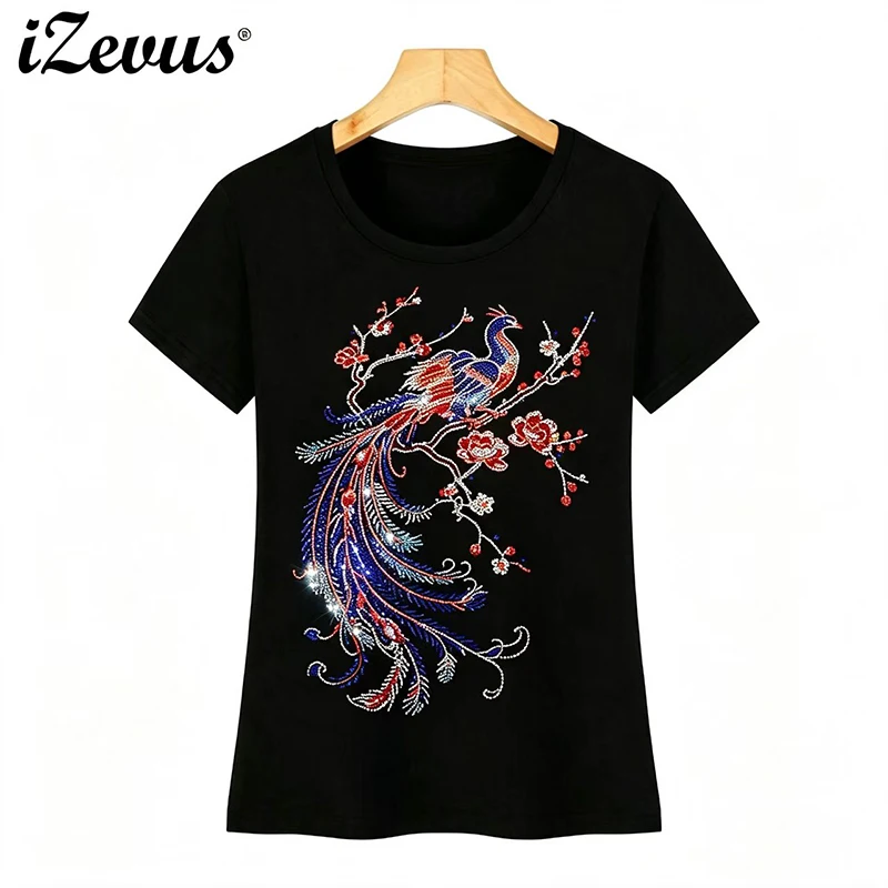 2025 New Hot Ladies Summer Beautiful Phoenix Drill Figure T-Shirt Casual Cotton Bottoming T-Shirt S-4XL