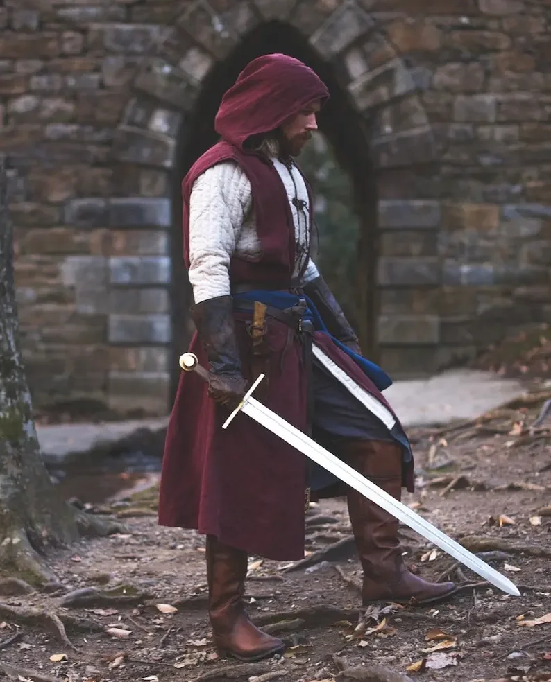 الكتان الأمامي المفتوح في العصور الوسطى تأثيري زي للبالغين ، رداء سلتيك مع غطاء محرك السيارة ، فايكنغ الرأس ، النهضة ، المتضخم ، LARP