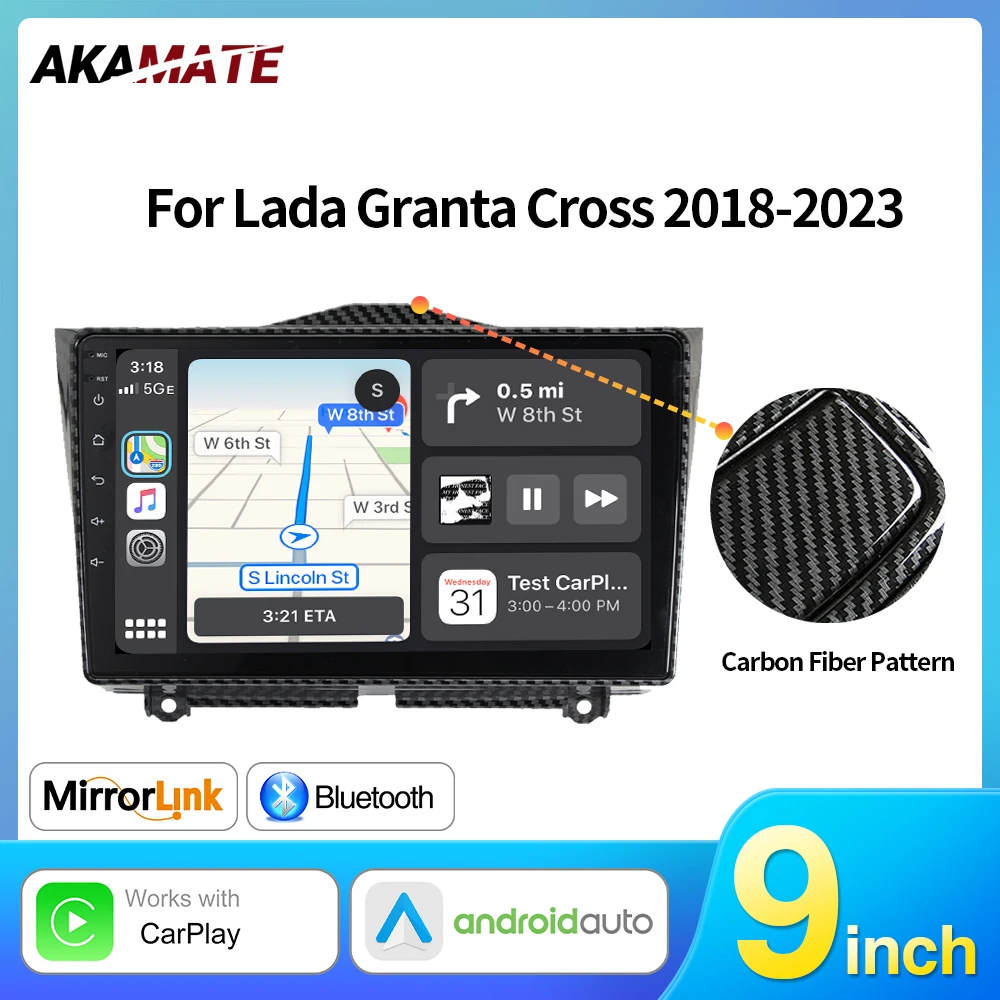 

9inch Car Radio for Lada Granta Cross 2018-2023 Carbon Fiber Frame CarPlay Androind Auto GPS Navigation Player FM Android 13.0