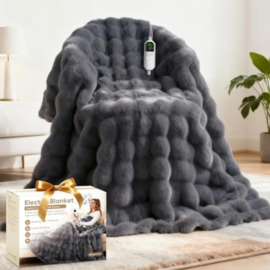 

Heated Blanket Throw Fast Heating Blanket Throw with 1/2/4/6/9/12 Hours Auto-Off 8 Heat Level 62'' * 84'' Cozy Faux Rabbit Fur