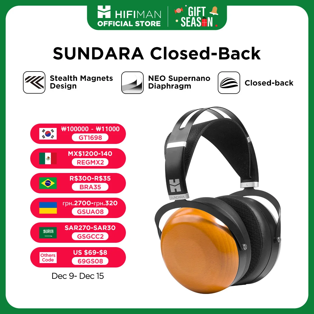 HIFIMAN SUNDARA over-ear planaire magnetische bedrade hifi-hoofdtelefoon met gesloten achterkant en Stealth-magneetontwerp, houten oorschelpen