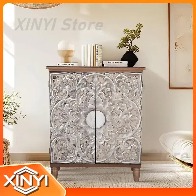 Wood Accent Storage Cabinet with 2 Doors Vintage Buffet Sideboard Embossed Pattern Decorative Cabinet for Entryway Dining