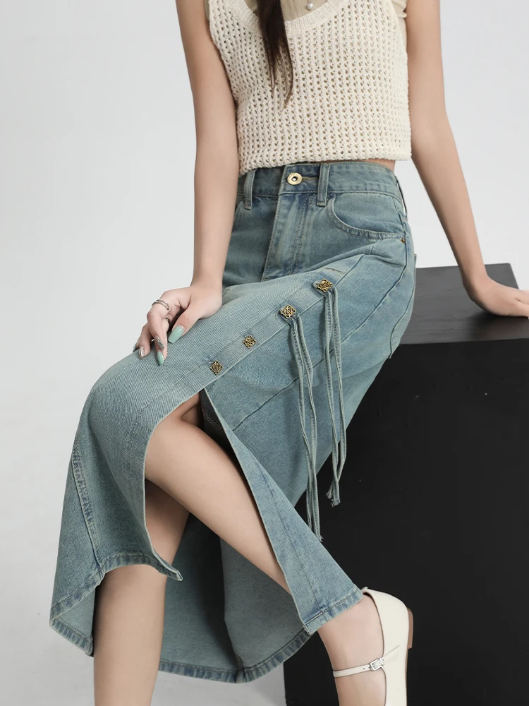 

High Waist Slit Denim Skirt Women's A-Line Skirt Retro Bodycon Long Skirt Summer New Design Elegant Feminine Style
