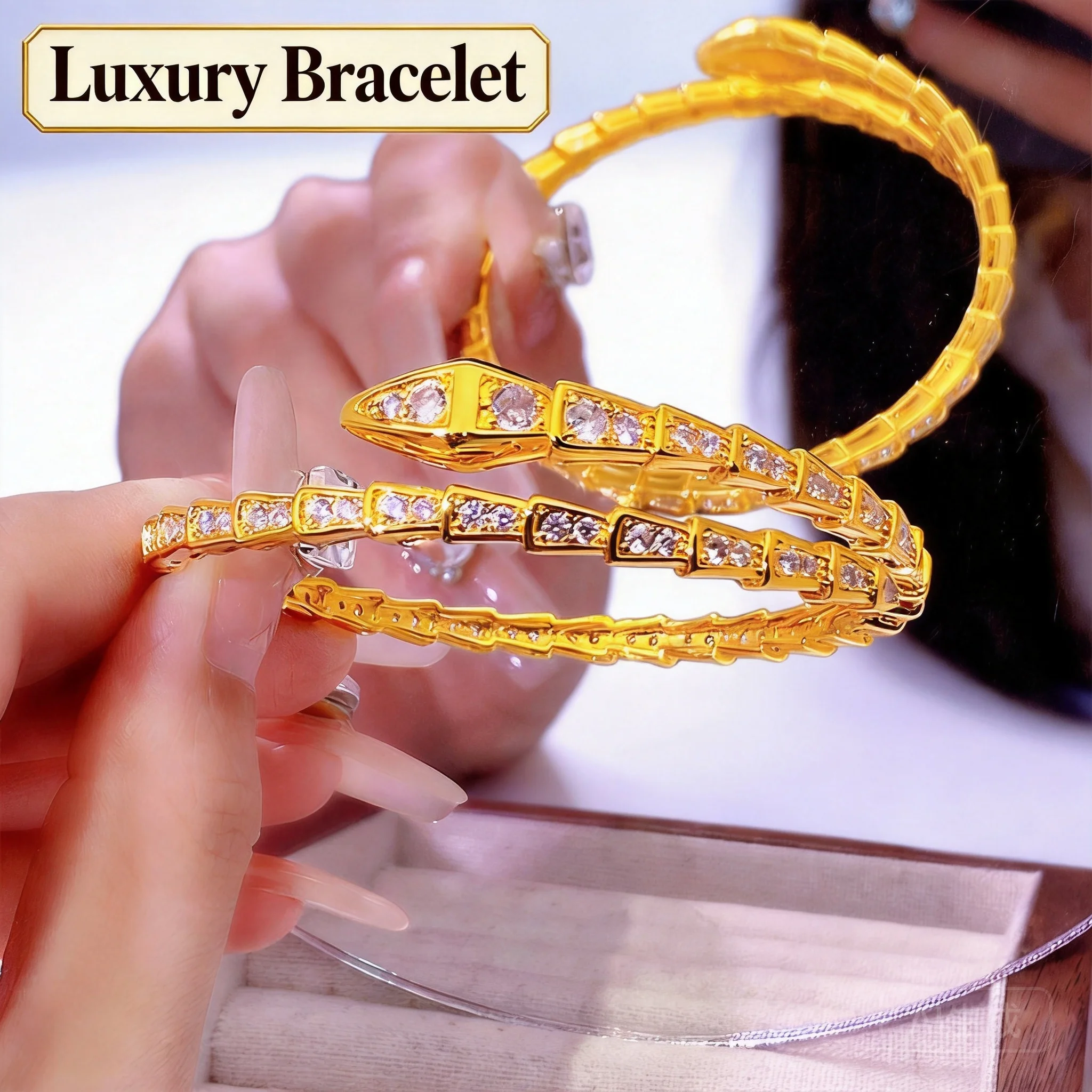 2026 Gold Plated Brass Full Rhinestone Snake Open Cuff Bangle Bracelet For Women Light Luxury Daily Party Wear Fashion Adjustabl