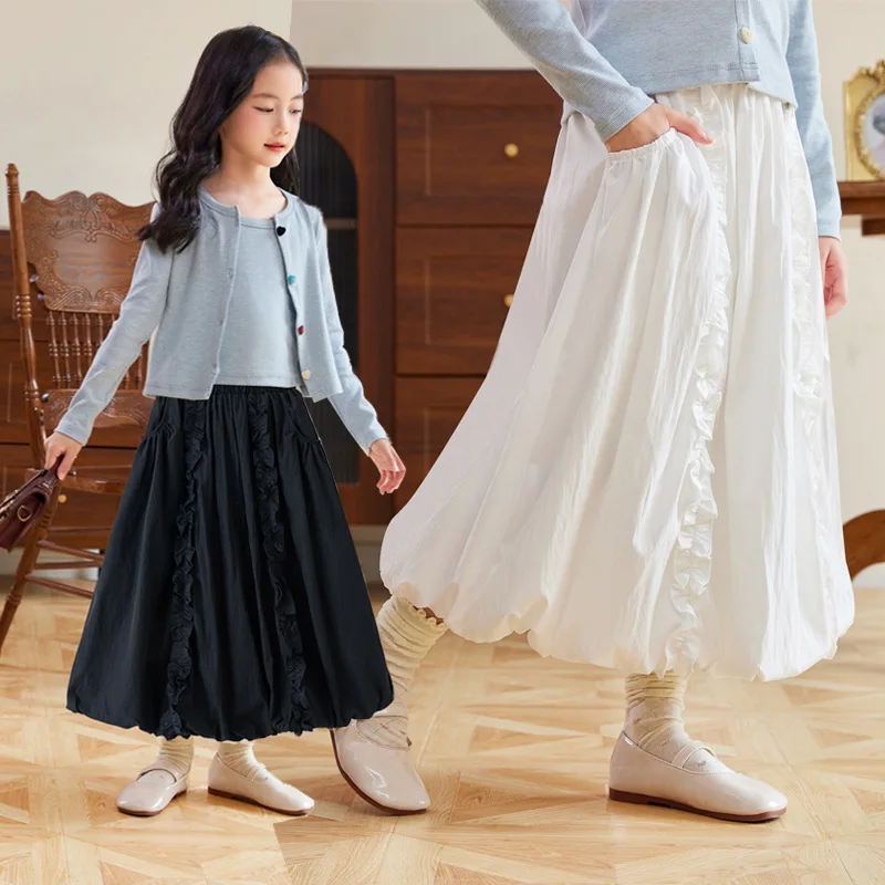 Elegant Girl Skirt Long Tween Girls Ruffle Midi Skirt with Pocket A-Line Skirts Teen Kids Clothes Big Size Teenager Outfits