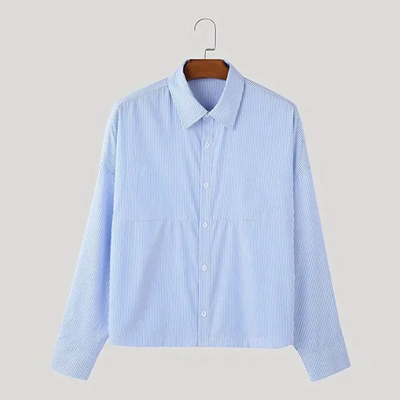 New Japanese Trendy Men Shirts Light Luxury Textured Lapel Striped Long Sleeve Cardigan Tops Leisure Premium Loose Blouse M-2XL